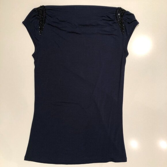 Design History Cowl Neck Cap Sleeve Beaded Sequin Detail Top Navy + Black Size S - Picture 9 of 11